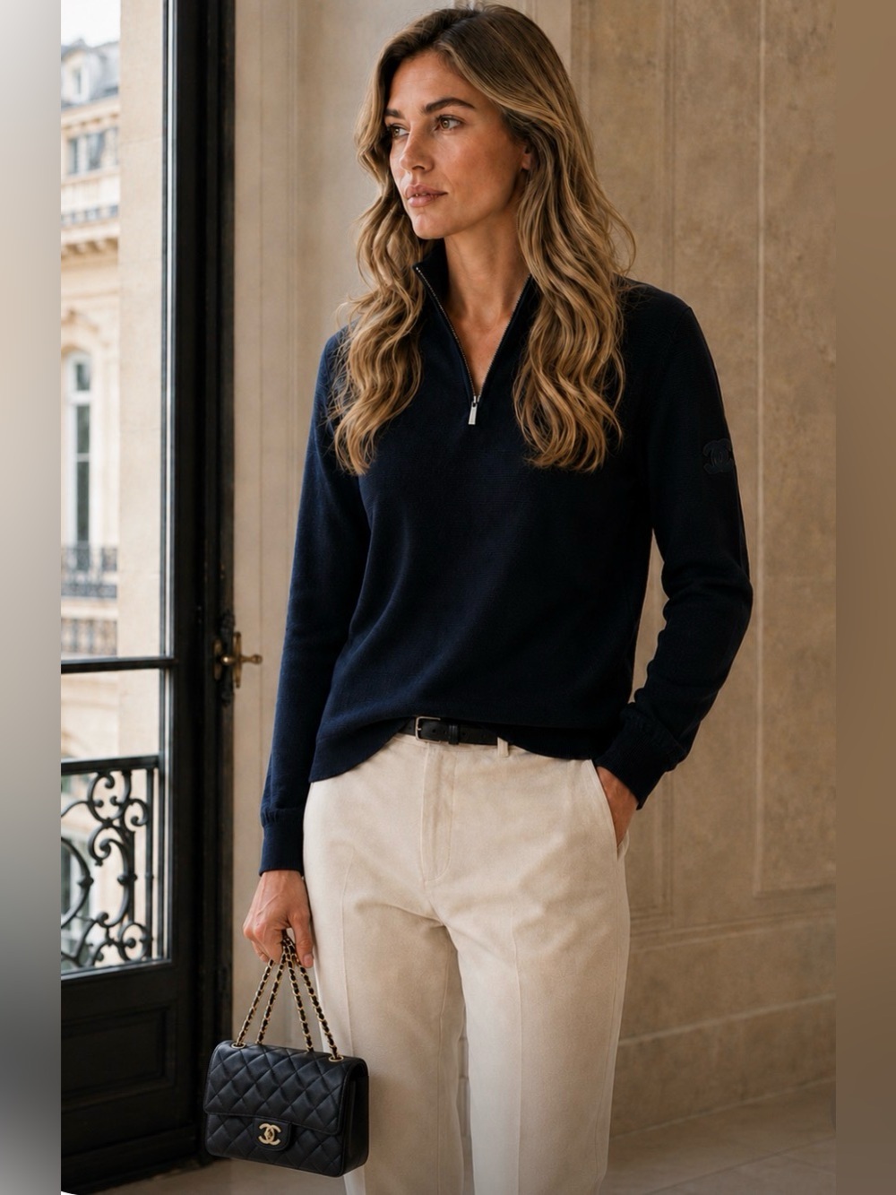 CHANEL Uniform Navy Quarter-Zip Cotton Blend Sweater | CC Logo | Old Money, M
